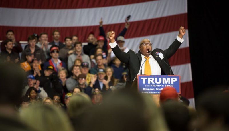 Pastor Mark Burns speaking at a rally for Donald Trump in 2016.