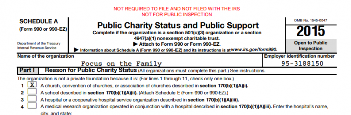 tax form showing Focus on the Family labeling itself a church