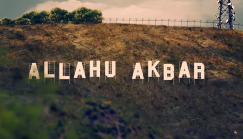 The Hollywood sign replaced by the words "Allahu Akbar"